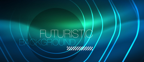 Neon glowing lines, magic energy space blue light concept, abstract background wallpaper design