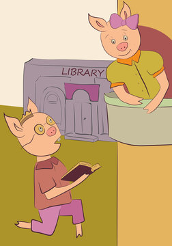Two Young Pigs. Boy Reads A Book, Girl Stands On Balcony (from The Play Of Shakespeare Romeo And Juliet). Library Building In Background Oriental Symbol Of New Year. Vector Illustration.