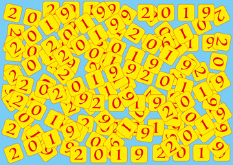 lots of red numbers in yellow squares 2019 on light blue background