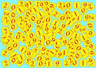 lots of red numbers in yellow squares 2019 on light blue background