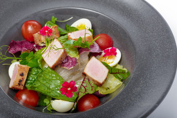 fresh tuna raw with vegetable salad and sauce - healthy food
