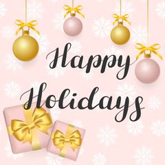Fototapeta na wymiar Happy Holidays. Illustration with golden balls on a pink background