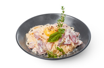 Delicious spaghetti pasta cook with crispy bacon serve