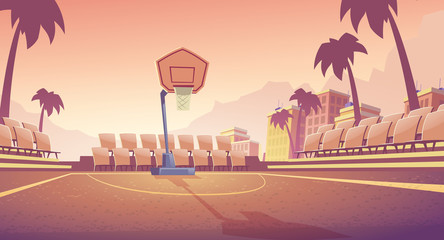 Street basketball court, city public stadium for team games cartoon vector. Empty outdoor sport field with basketball hoop and seats for fans illustration. Seacoast resort sport actives infrastructure © vectorpocket