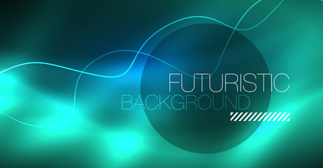 Glowing abstract wave on dark, shiny motion, Christmas and New Year magic space light. Techno abstract background