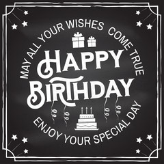 May all your wishes come true. Happy Birthday. Stamp, sticker, card with gifts and birthday cake with candles. Vector. Vintage typographic design for birthday celebration emblem in retro style