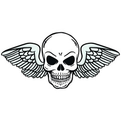 hand drawn skull with traditional hat. Vector, bavaria, beard, mexico, wings, isolated, horror.