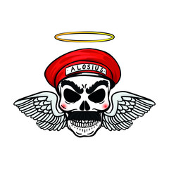 hand drawn skull with traditional hat. Vector, bavaria, beard, mexico, wings, isolated, horror.