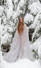 Junge sexy Frau mit schönen langen Haaren im Winter, mit langem weißen Kleid Tuch im Schnee Eis friert im Winter  