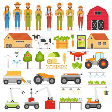 Agriculture automation smart farming icons set with isolated images of farmer and robot