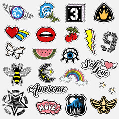 Set of fashion patches in the retro and military style. Trendy stickers design. Vector quotes, numbers, cartoon bee, butterfly, flower, lips, watermelon, heart with wings, cherry, lightning, rainbow - obrazy, fototapety, plakaty