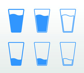 Full and empty glass of water flat icon set (single color, outline and fill)