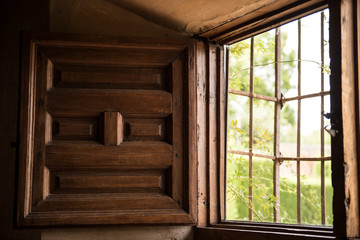 An wooden window closeup can be seen. The design looks modern day architecture, and iron bars can be seen attached to it. Lush green trees are seen outside on this sunny day.