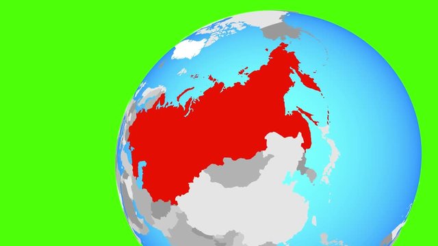 Zooming to Soviet Union from flying around globe. 3D illustration.