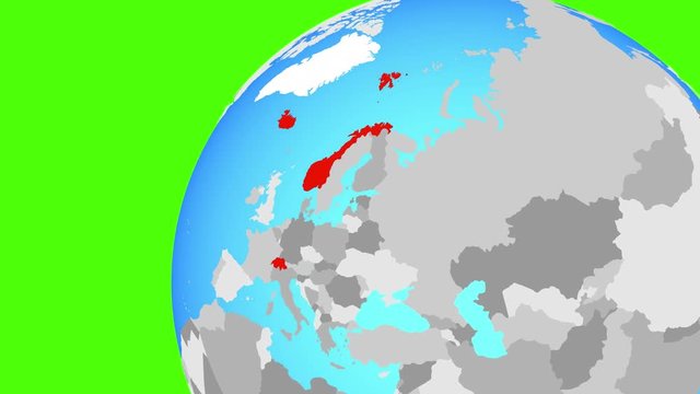 Zooming to EFTA countries from flying around globe. 3D illustration.