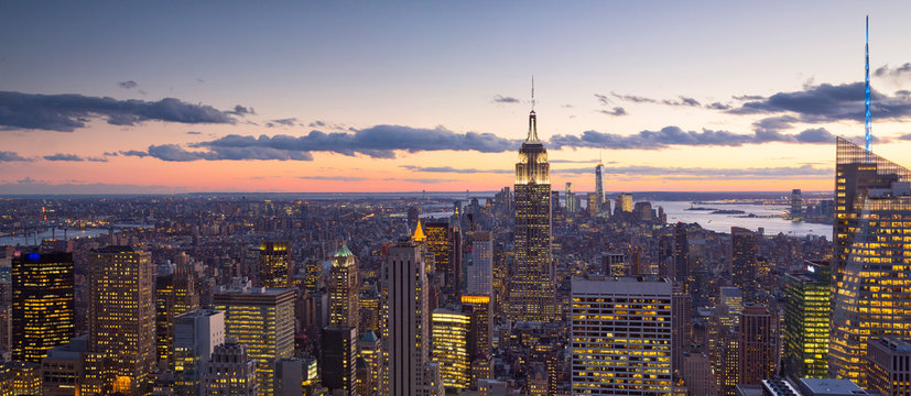 Cityscape with the Empire State Building at twilight, view from the Top of the Rock observation deck at Rockfeller Center, Manhattan, New York City, USA