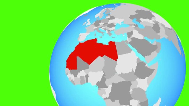 Zooming to Maghreb region from flying around globe. 3D illustration.