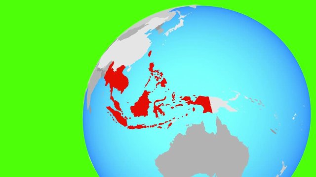 Zooming to ASEAN memeber states from flying around globe. 3D illustration.