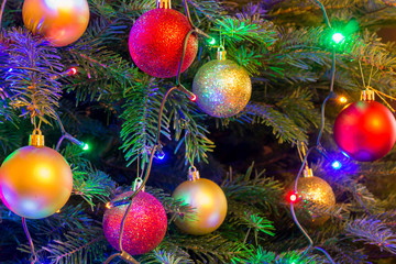 Colorful Christmas balls on natural Christmas tree