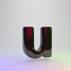3d letter U lowercase. Black font with red, green and blue lights reflection