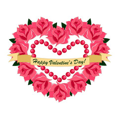 Heart of pink roses with a ribbon. Vector image on white background.