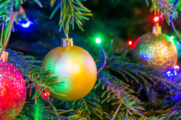 Colorful Christmas balls on natural Christmas tree