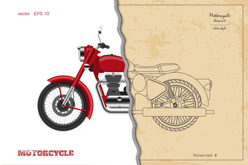 Blaupause des klassischen Retro-Motorrads im Umrissstil. Seitenansicht. Industrielle Zeichnung von Oldtimer-Motorrädern. Vektor-Illustration © shaineast