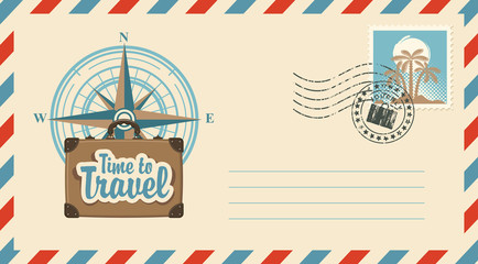 Postal envelope with postage stamp and postmark in retro style. Illustration on the theme of travel with the vintage suitcase on the background of the compass Wind rose, the inscription Time to travel © paseven