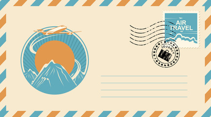 Postal envelope with postage stamp and postmark in retro style. Illustration on the theme of travel with an airplane in the sky flying over the mountains at sunset. Air travel