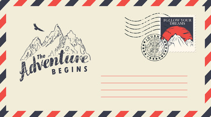 Postal envelope with postage stamp and postmark in retro style. Illustration on the theme of travel with the mountains, flying eagle and the inscription Adventure begins
