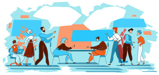 Businessmen debating, comparing two ideas, things or strategies. Communication, discussion and comparison concept.  Hand drawn illustration with speech bubbles