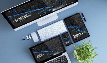 top view blue devices digital business website on screen - obrazy, fototapety, plakaty