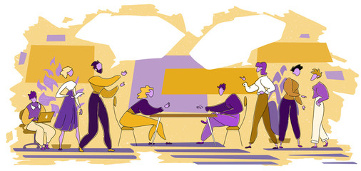 Choosing between two options or ideas. Group of business people talking, debating over business direction, making choice. Vector illustration with speech bubbles.