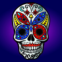 hand drawn skull with traditional hat. Vector, bavaria, beard, mexico, wings, isolated, horror.