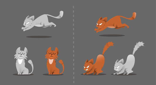 Set of cat poses. Kitten plays, jumps on a smart vacuum cleaner. Vector collection set of different gray and red cats. Isolated animals for web design