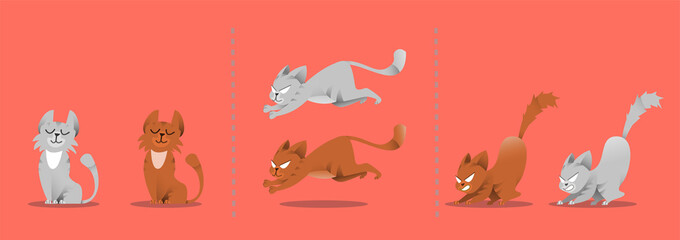 Set of cat poses. Kitten plays, jumps on a smart vacuum cleaner. Vector collection set of different gray and red cats. Isolated animals for web design