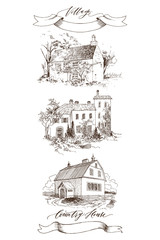 Set of Rural landscape with old farmhouse and garden. Hand drawn illustration in vintage style. Retro tape with an inscription Country house and Village. Vector design