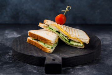 two sandwiches on round board decorated with cherry tomato dark background