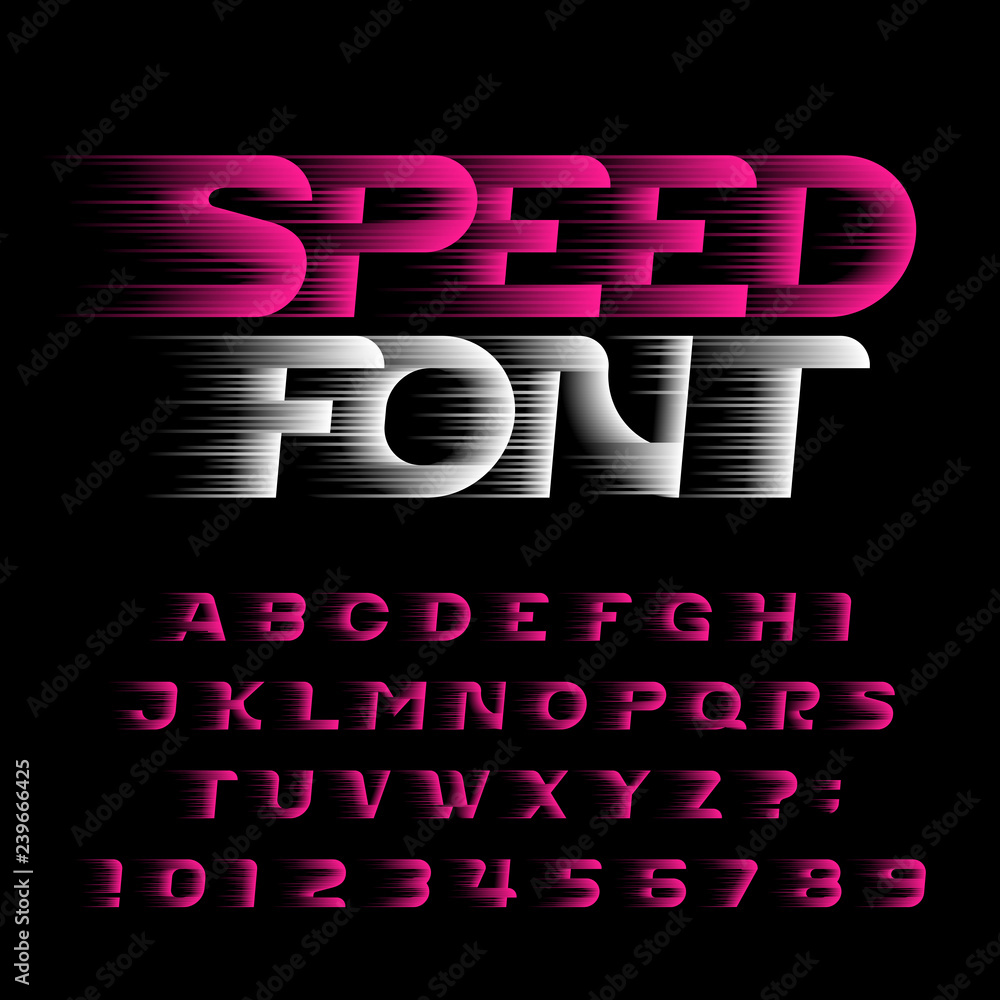 Poster speed alphabet font. fast wind effect futuristic type letters and numbers. stock vector typeface for