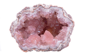 Rare Pink Amethyst Geode Cluster from Patagonia, Argentina. Isolated on white background. - obrazy, fototapety, plakaty