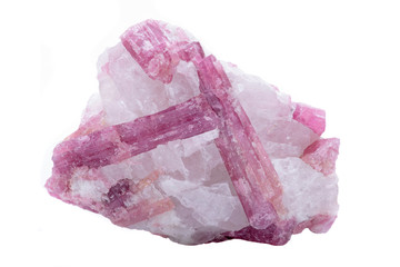 Rough white quartz studded with pink tourmaline crystals, from Brazil isolated on white background