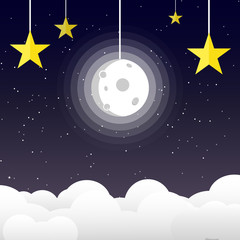 Moon in night sky with stars on space and galaxy background, good night concept using for kids vector illustration, flat design paper art