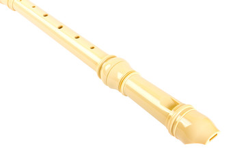 Plastic alto recorder flute, isolated on white background