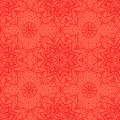 Abstract seamless pattern. Bright hand drawn round ornament mandala. Trendy coral orange color. Vector texture background