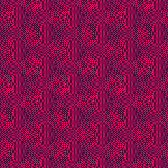 Seamless hexagonal pattern from geometrical abstract ornaments multicolored in pink shades on a dark purple background. Vector illustration. Suitable for fabric, wallpaper and wrapping paper