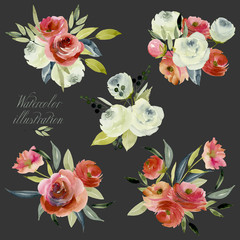 Watercolor burgundy and white roses bouquets collection, isolated posies set, hand painted on a dark background