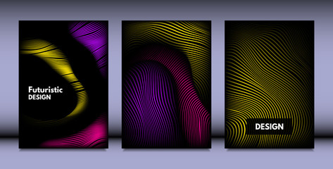 Geometry. Abstract Background Set With Movement and Volume Effect. Covers with Vibrant Gradient and Wavy Lines. Trendy Futuristic Illustration with Distort. Abstract Geometry for Brochure, Business.