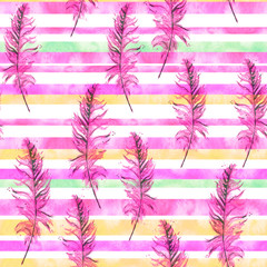 Watercolor seamless, texture, background. Seamless pattern with a watercolor pattern - bird feather. Vintage illustration. Pink stripes. Abstract background.