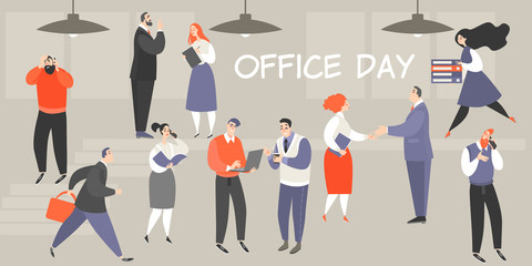 Vector illustration of office day with busy people performing their work duties.