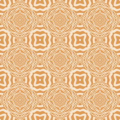 Seamless square pattern from orange geometrical abstract ornaments on a beige background. Vector illustration. Suitable for fabric, wallpaper and wrapping paper